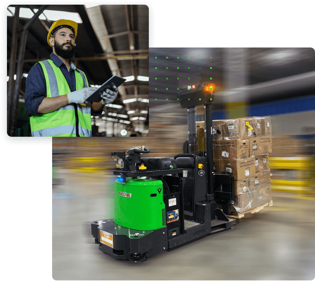A photo of a man holding a tablet and a photo of an autonomous mobile robot moving a pallet of boxes