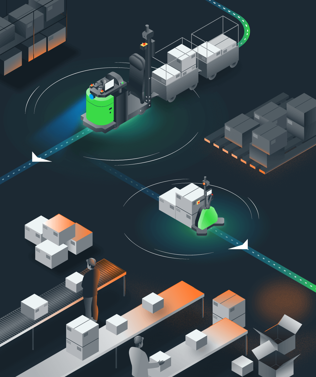 Illustration of robots moving pallets in a manufacturing plant