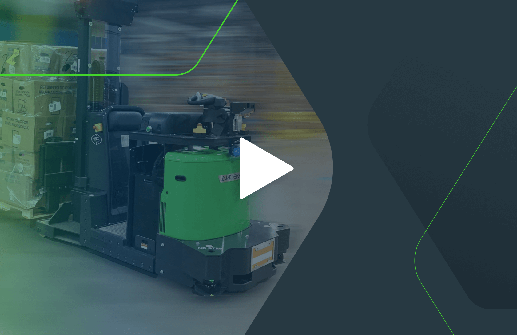 White play button icon on an image of a robot moving pallets